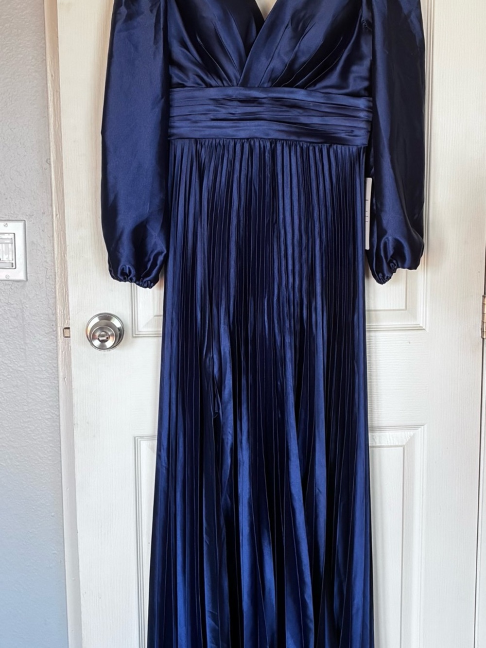 Navy Satin Plisse Maxi Dress with V-Neck and Long Sleeves